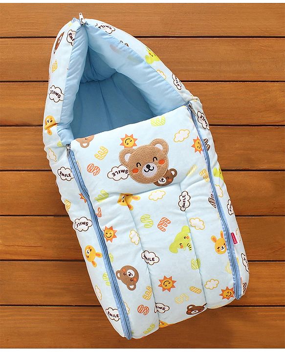 Babyhug Velour Sleeping Bag Teddy Print - Blue