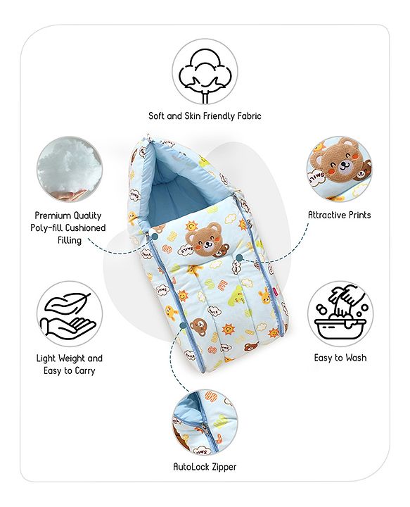 Babyhug Velour Sleeping Bag Teddy Print - Blue