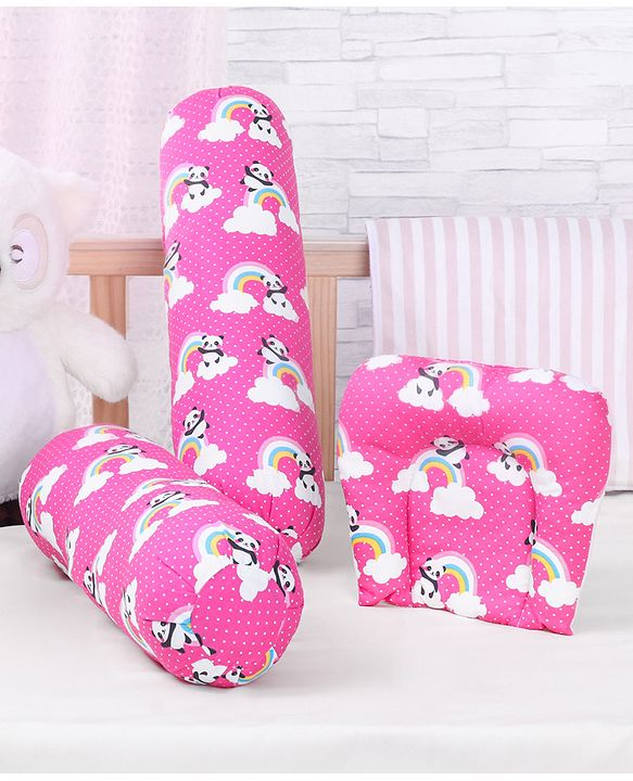 Babyhug Pillow And Bolster Set Panda Print - Pink| Prevents  Flat Head Syndrome| Neck and Shoulder Support | 100% Cotton| Breathable Fabric| Girls and Boys| Protection from Crib Railing| New Born Gifting Option | Travel Friendly| Soft and Comfortable