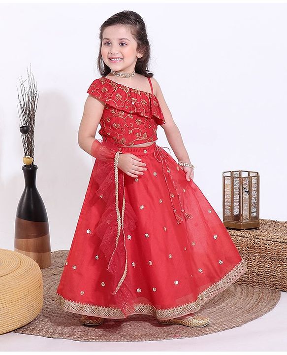 Babyhug Sleeveless Sequins Choli & Lehenga With Dupatta - Red