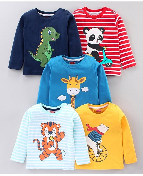 Babyhug Full Sleeves Animal Print Tee Pack of 5 - Multicolor
