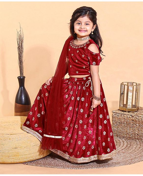 Babyhug Cold Shoulder Choli & Lehenga With Dupatta Sequin Detailing - Maroon