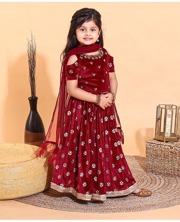 Babyhug Cold Shoulder Choli & Lehenga With Dupatta Sequin Detailing - Maroon