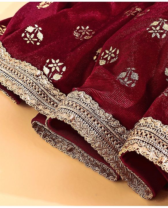 Babyhug Cold Shoulder Choli & Lehenga With Dupatta Sequin Detailing - Maroon