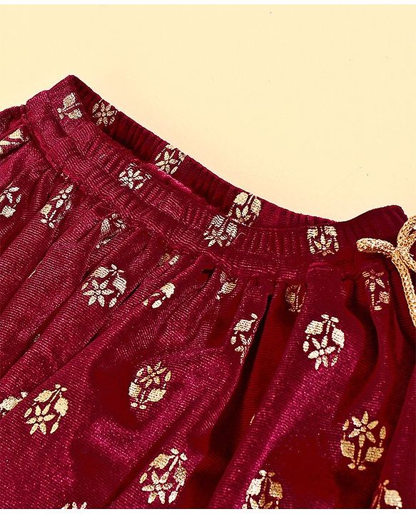 Babyhug Cold Shoulder Choli & Lehenga With Dupatta Sequin Detailing - Maroon