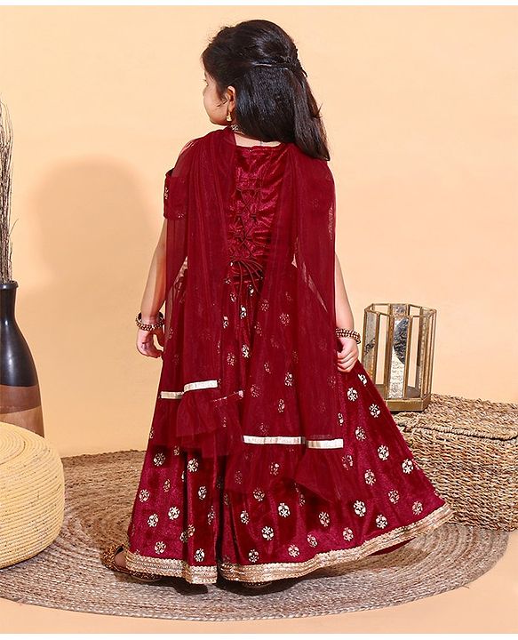 Babyhug Cold Shoulder Choli & Lehenga With Dupatta Sequin Detailing - Maroon