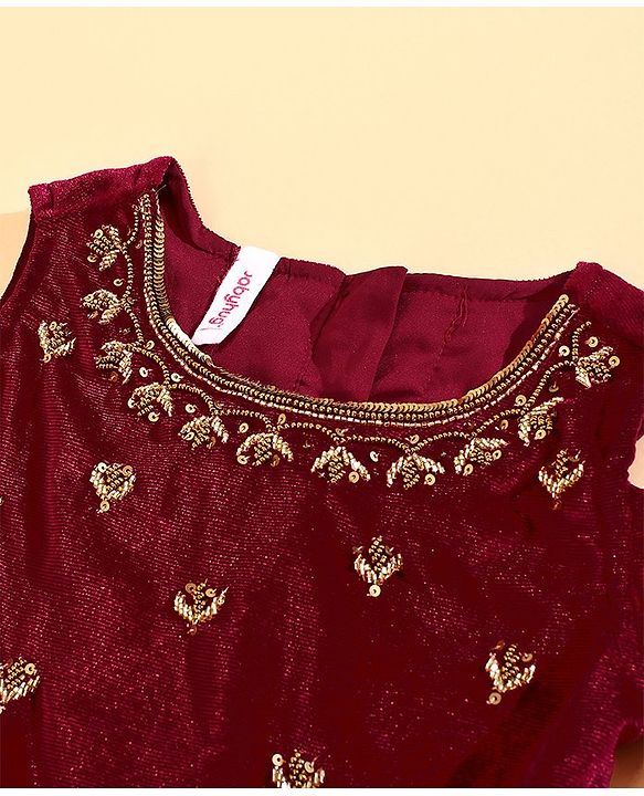 Babyhug Cold Shoulder Choli & Lehenga With Dupatta Sequin Detailing - Maroon