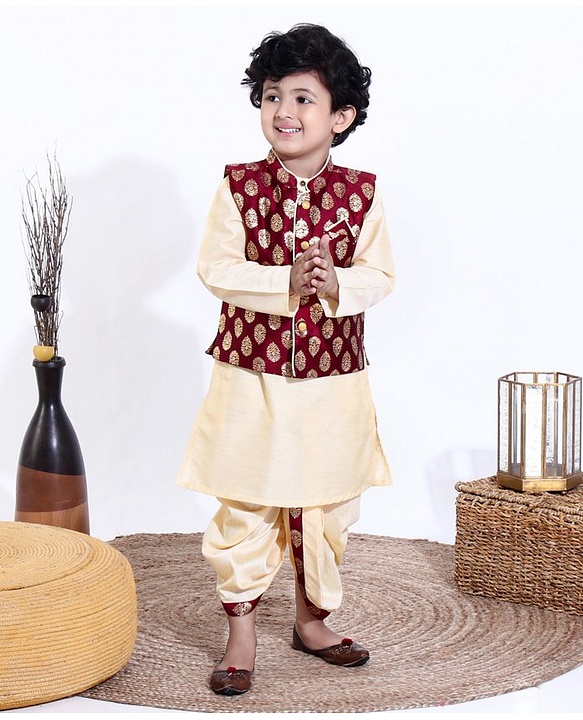 Babyhug Full Sleeves Kurta & Dhoti With Jacket Embroidery Detailing - Cream Maroon