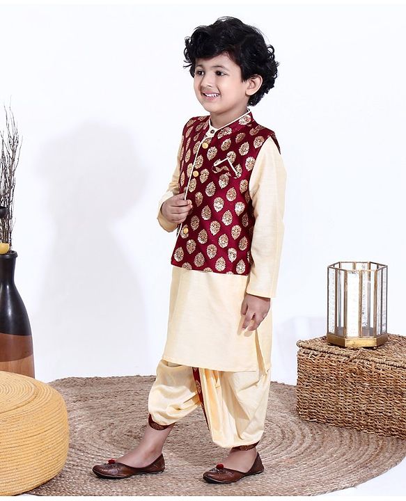 Babyhug Full Sleeves Kurta & Dhoti With Jacket Embroidery Detailing - Cream Maroon