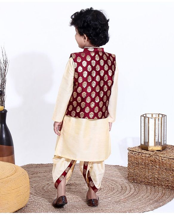 Babyhug Full Sleeves Kurta & Dhoti With Jacket Embroidery Detailing - Cream Maroon