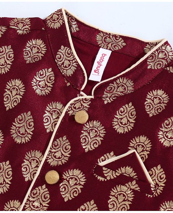 Babyhug Full Sleeves Kurta & Dhoti With Jacket Embroidery Detailing - Cream Maroon