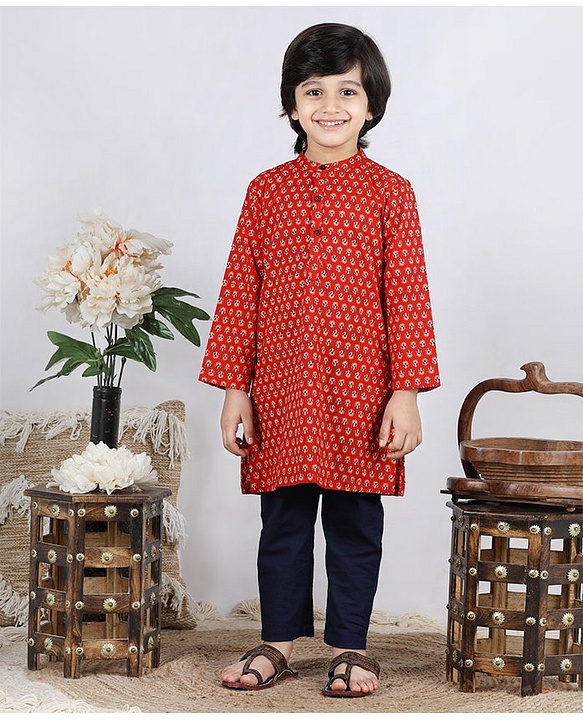 Babyhug Full Sleeves Kurta Pyjama Set Buti Print - Rust Navy