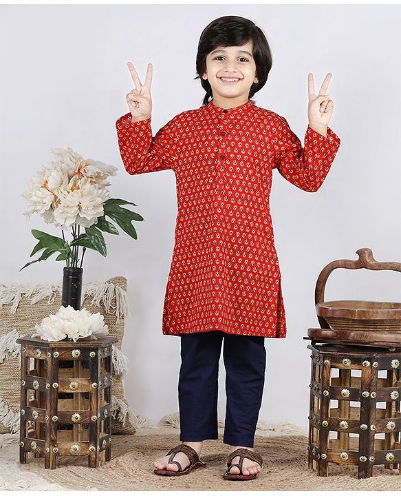 Babyhug Full Sleeves Kurta Pyjama Set Buti Print - Rust Navy