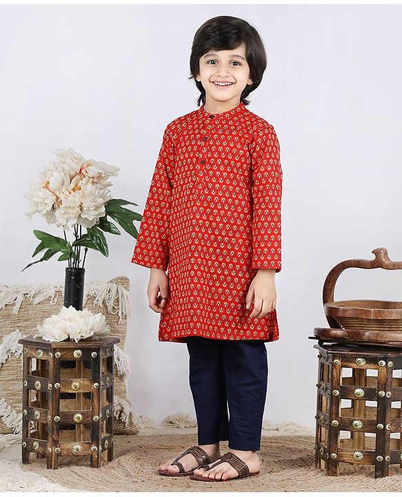 Babyhug Full Sleeves Kurta Pyjama Set Buti Print - Rust Navy