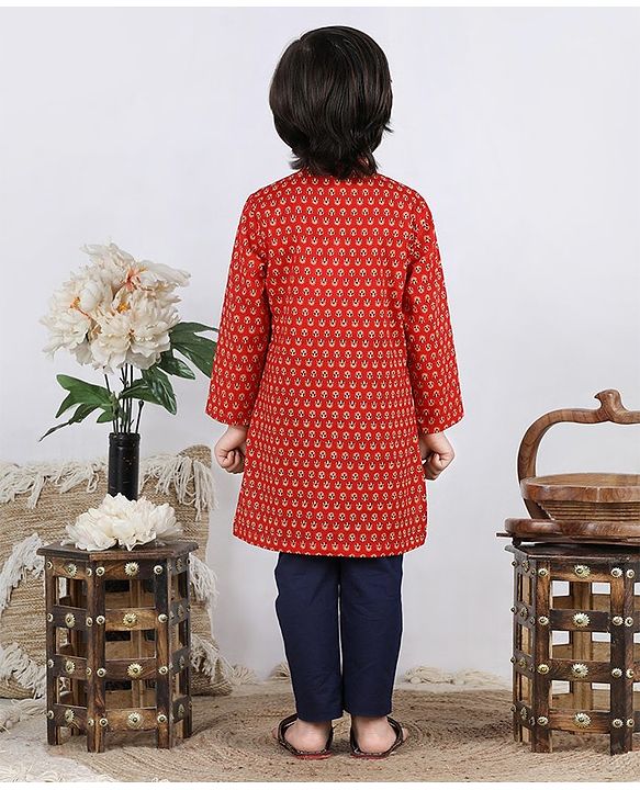Babyhug Full Sleeves Kurta Pyjama Set Buti Print - Rust Navy