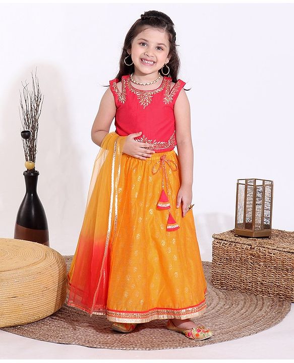 Babyhug Sleeveless Choli & Lehenga with Dupatta - Pink & Yellow
