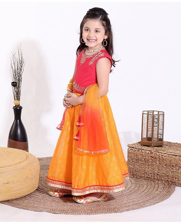 Babyhug Sleeveless Choli & Lehenga with Dupatta - Pink & Yellow