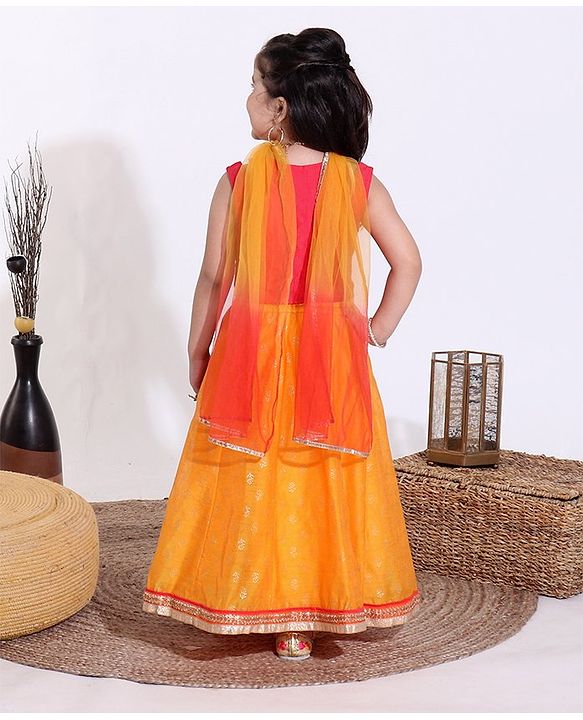Babyhug Sleeveless Choli & Lehenga with Dupatta - Pink & Yellow