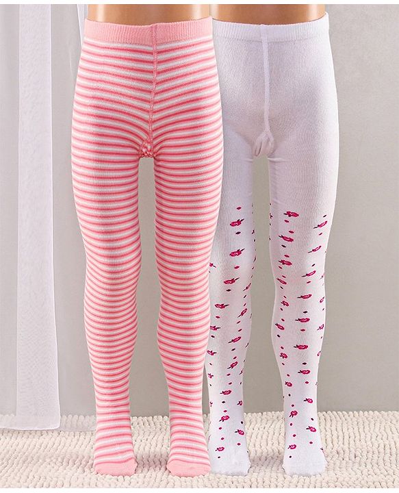 Cute Walk by Babyhug Full Length Anti-Bacterial Striped Tights Roses Design Pack of 2 - Pink White