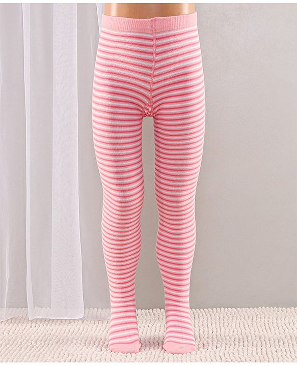 Cute Walk by Babyhug Full Length Anti-Bacterial Striped Tights Roses Design Pack of 2 - Pink White