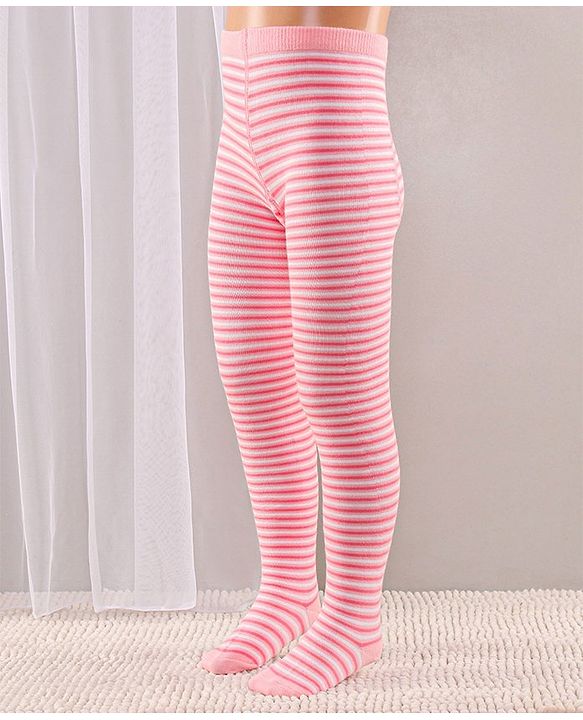 Cute Walk by Babyhug Full Length Anti-Bacterial Striped Tights Roses Design Pack of 2 - Pink White