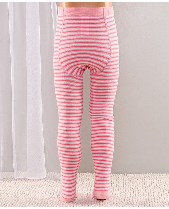 Cute Walk by Babyhug Full Length Anti-Bacterial Striped Tights Roses Design Pack of 2 - Pink White