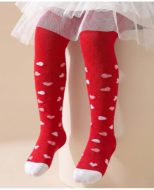 Cute Walk by Babyhug Cotton Antibacterial Footed Tights Heart Design - Red