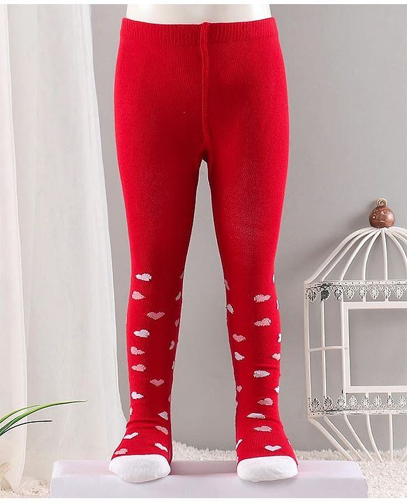 Cute Walk by Babyhug Cotton Antibacterial Footed Tights Heart Design - Red