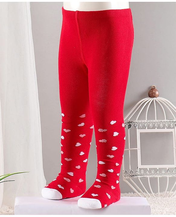 Cute Walk by Babyhug Cotton Antibacterial Footed Tights Heart Design - Red