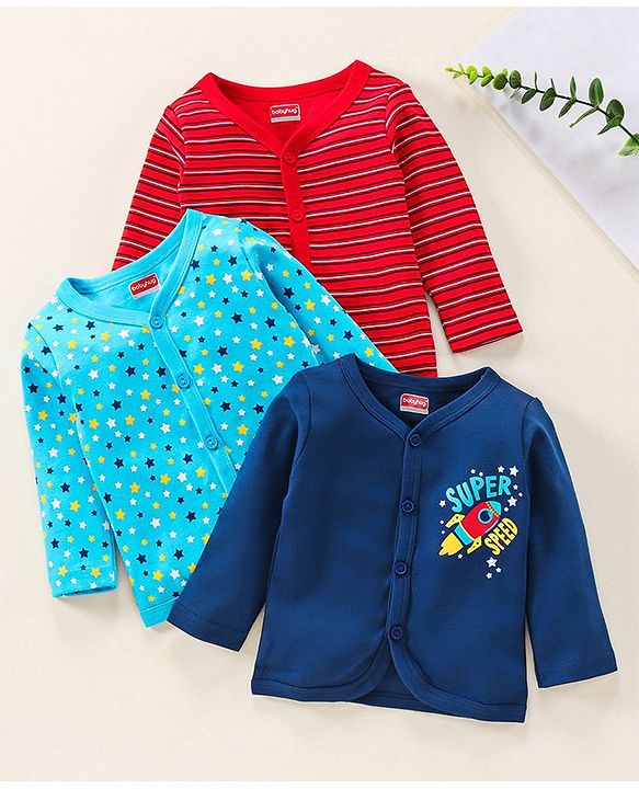 Babyhug Full Sleeves Vests Multi Print Pack Of 3 - Blue Red