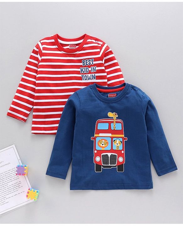 Babyhug Full Sleeves Tee Bus Print Pack of 2 - Red Blue