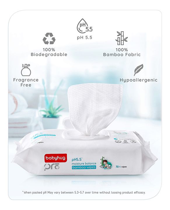 Babyhug Pro 98% Water pH 5.5 Moisture Balance Bamboo Wipes - 72 Pieces