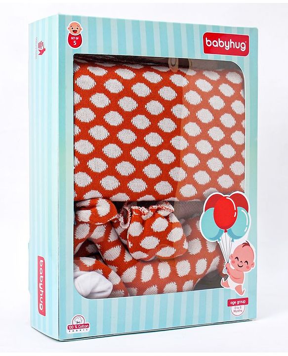 Babyhug Knitted Gift Set Giraffe Print Pack Of 5 - Orange