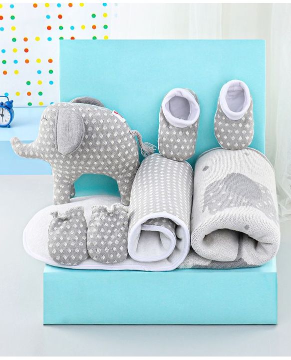 Babyhug Knitted Gift Set Elephant Print Pack Of 5 - Grey