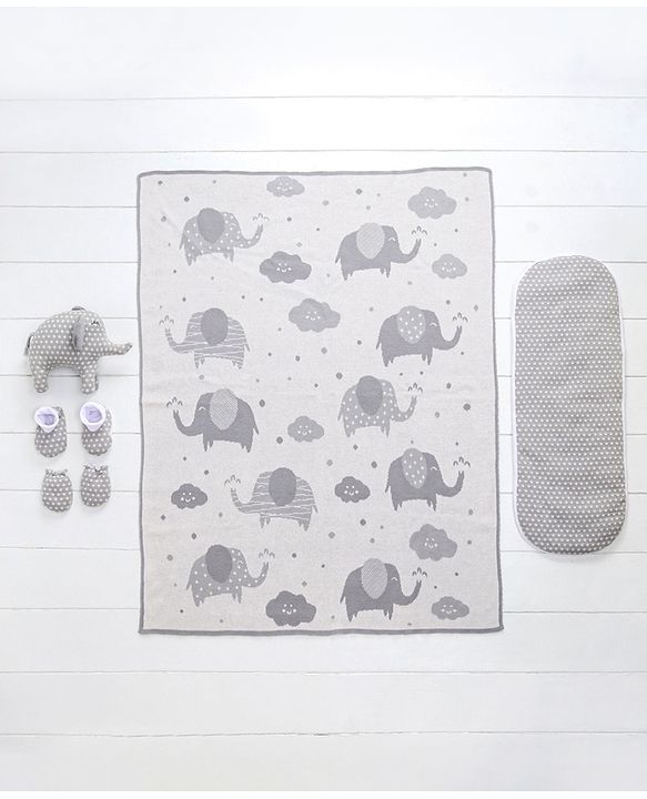 Babyhug Knitted Gift Set Elephant Print Pack Of 5 - Grey