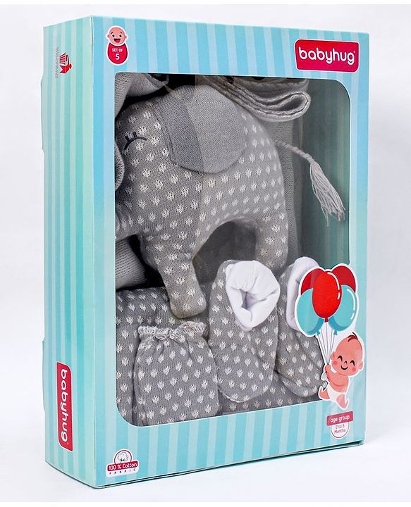 Babyhug Knitted Gift Set Elephant Print Pack Of 5 - Grey
