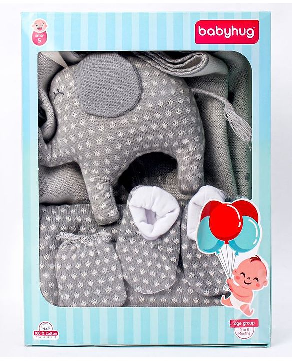 Babyhug Knitted Gift Set Elephant Print Pack Of 5 - Grey