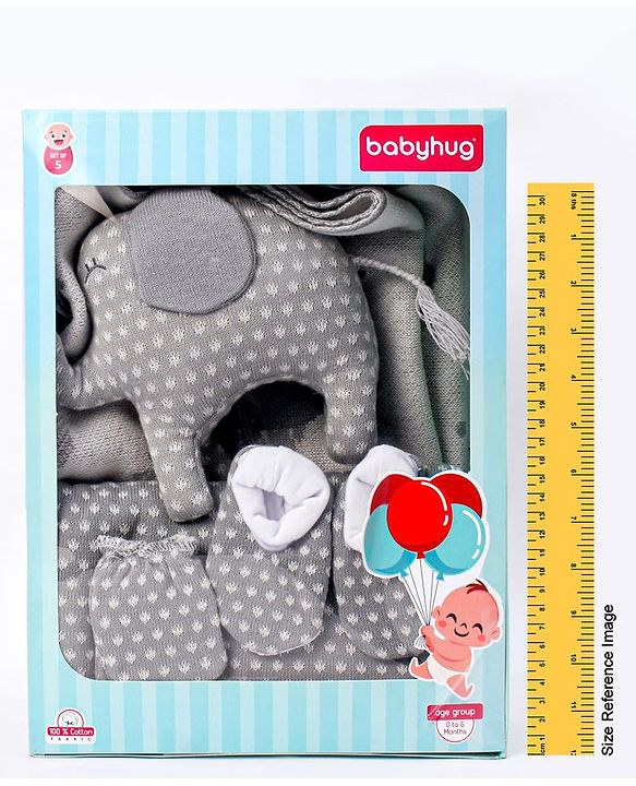 Babyhug Knitted Gift Set Elephant Print Pack Of 5 - Grey