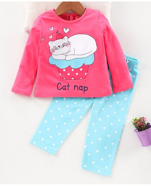 Babyhug Full Sleeves Night Suit Cat Print - Pink