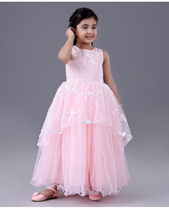 Babyhug Sleeveless Party Frock With Sequins - Peach