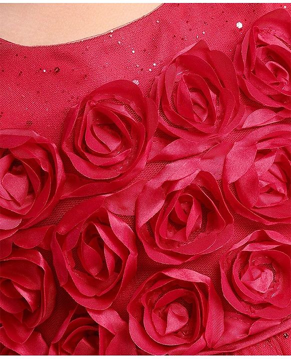 Babyhug Sleeveless Party Wear Frock with 3D Flowers on Yoke - Red
