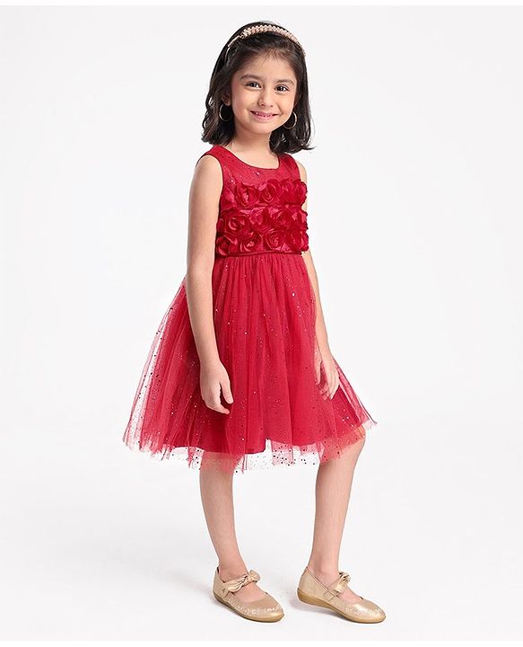Babyhug Sleeveless Party Wear Frock with 3D Flowers on Yoke - Red