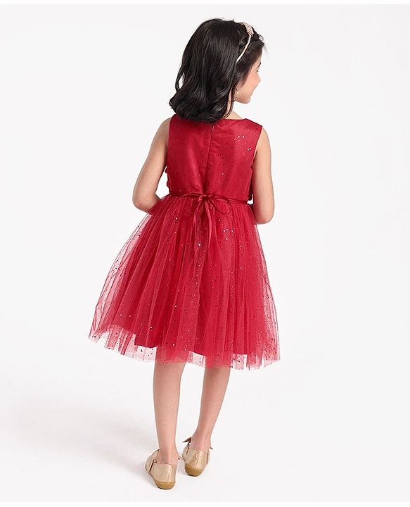 Babyhug Sleeveless Party Wear Frock with 3D Flowers on Yoke - Red