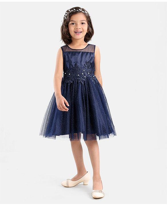 Babyhug Sleeveless All over Glitter Party Wear Frock with Rose Patch On Waist Line - Navy