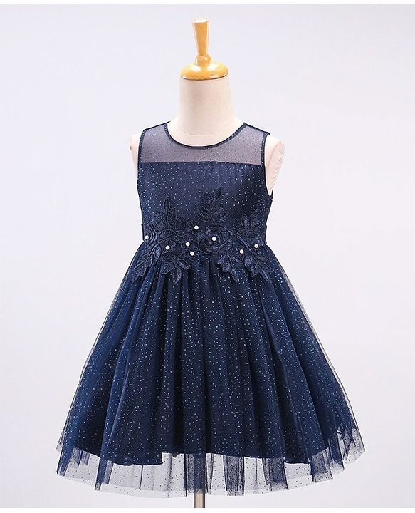 Babyhug Sleeveless All over Glitter Party Wear Frock with Rose Patch On Waist Line - Navy