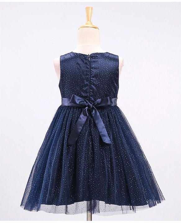 Babyhug Sleeveless All over Glitter Party Wear Frock with Rose Patch On Waist Line - Navy