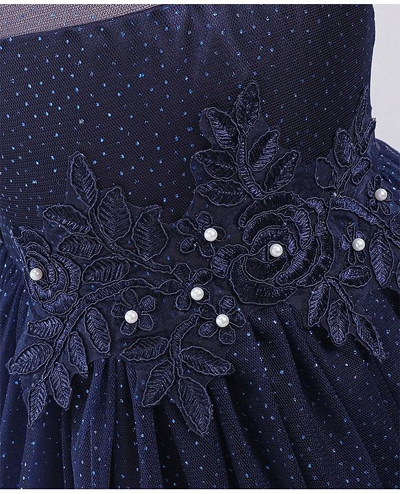 Babyhug Sleeveless All over Glitter Party Wear Frock with Rose Patch On Waist Line - Navy