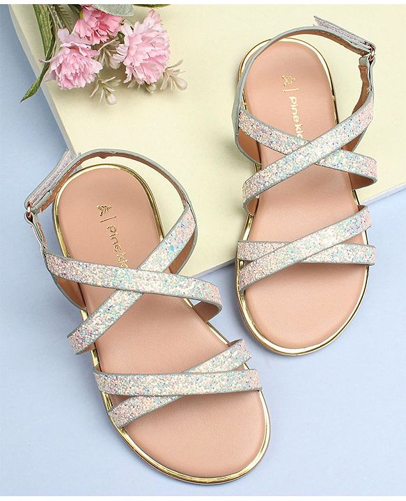 Pine Kids Party Wear Shimmered Sandals - Teal Green