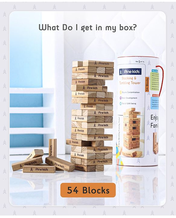 Pine Kids Premium 54 Blocks Wooden Stacking & Tumbling Tower Game for Kids |Tumbling Tower Game for Kids| Challenging Balancing Puzzle Game | BIS Certified | Birthday Gift | 5 Years+
