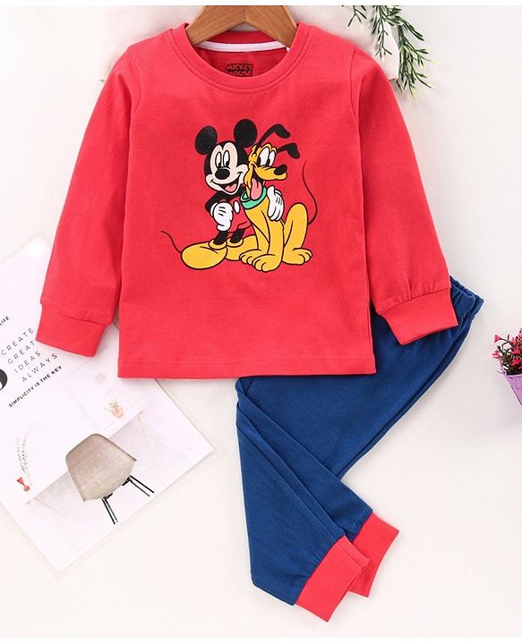 Babyhug Full Sleeves Nightwear Mickey Mouse Print - Red Blue